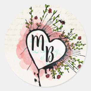 Mit Monogramm Elegantes Herz mit Blume Runder Aufkleber