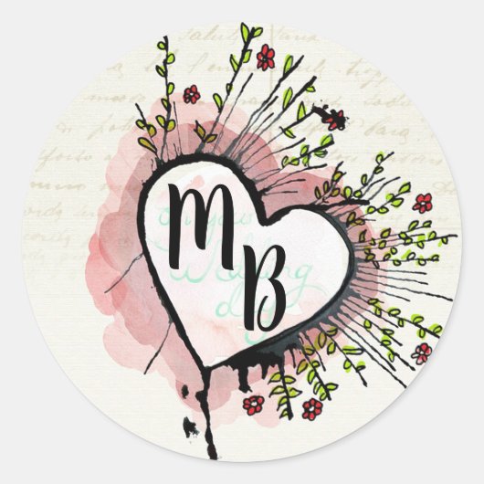 Mit Monogramm Elegantes Herz mit Blume Runder Aufkleber (Vorderseite)