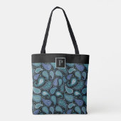 Mit Monogramm elegantes Retro Blue Paisley Muster Tasche (Rückseite)
