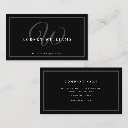 Mit Monogramm Elegantes Schwarzes Beruflich Modern Visitenkarte (Vorne/Hinten)
