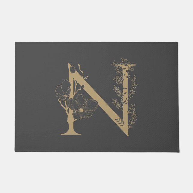 Mit Monogramm Erstklassige Elegant Floral Gold Bla Fußmatte (Vorderseite)