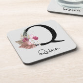 Mit Monogramm Erstkontakt Q Pink Boho Floral Getränkeuntersetzer (Linke Seite)