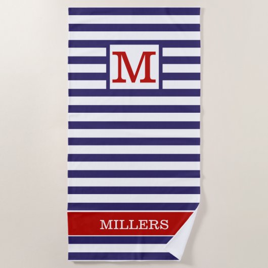 Mit Monogramm Familienname Red Blue Cabana Strip Strandtuch (Vorderseite)