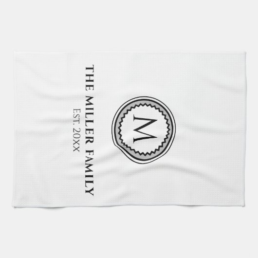 Mit Monogramm | Familienname | Schwarz-weiß & grau Geschirrtuch (Horizontal)