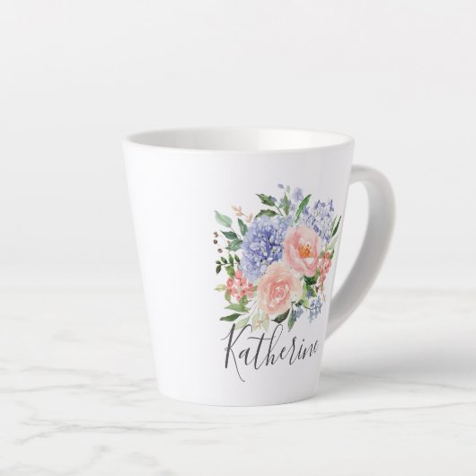 Mit Monogramm Farbe Blau Rosa Frühling Blüte Milchtasse (Rechte Ecke)