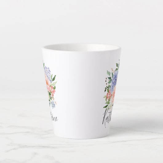 Mit Monogramm Farbe Blau Rosa Frühling Blüte Milchtasse (Vorderseite)