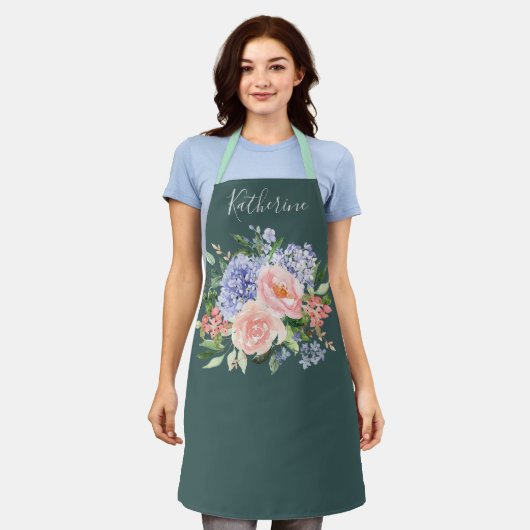 Mit Monogramm Farbe Blau Rosa Frühling Blüte Schürze (Getragen)