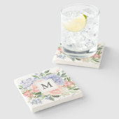 Mit Monogramm Farbe Blau Rosa Frühling Blüte Steinuntersetzer (Seitenansicht)