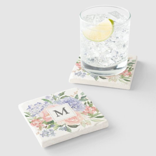 Mit Monogramm Farbe Blau Rosa Frühling Blüte Steinuntersetzer (Seitenansicht)