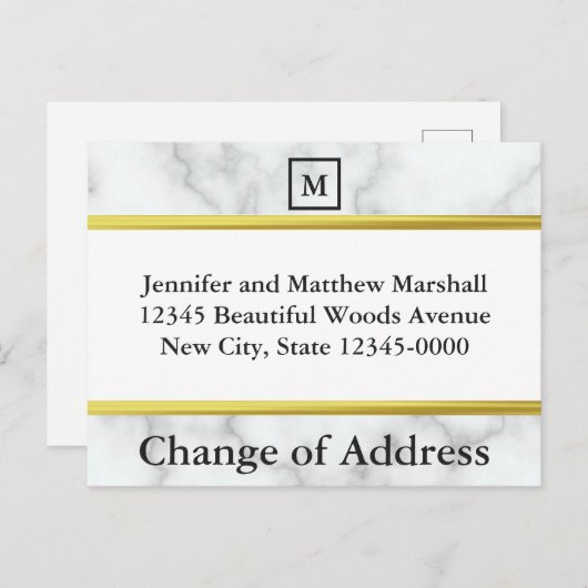 mit Monogramm Farbe in weißem Marmor - Adressenänd Ankündigungspostkarte (Vorne/Hinten)