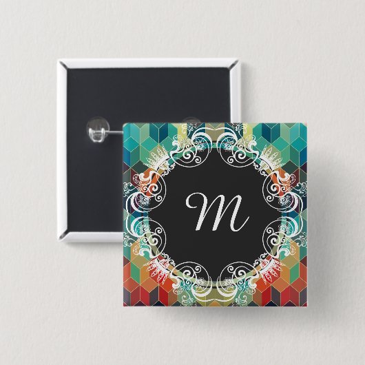 Mit Monogramm Farbkuben Geometrisches Muster 2 Button (Vorne & Hinten)
