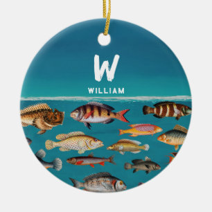 Mit Monogramm Fisch unter blauem Ozean Keramik Ornament