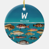 Mit Monogramm Fisch unter blauem Ozean Keramik Ornament (Hinten)