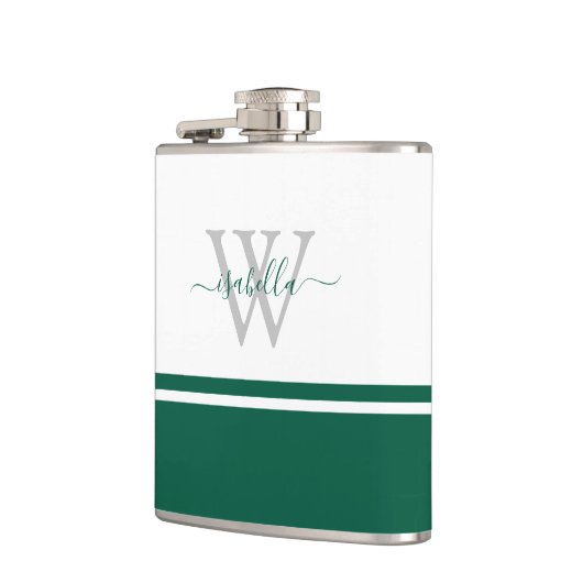 Mit Monogramm Flask Girly Modernes Script Emerald Flachmann (Links)