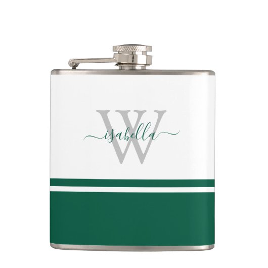 Mit Monogramm Flask Girly Modernes Script Emerald Flachmann (Vorderseite)
