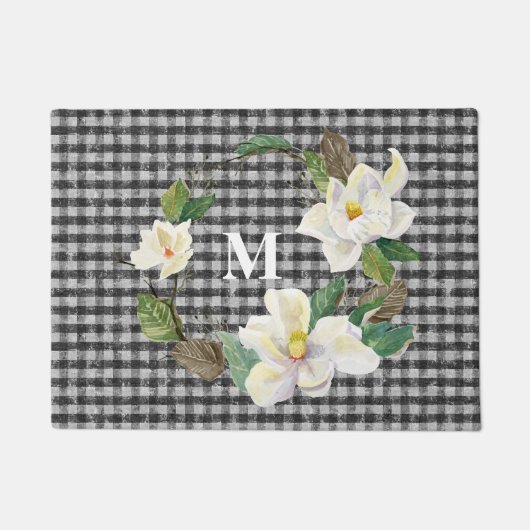 Mit Monogramm Flora Magnolia Schwarz-Weiß-Karo Fußmatte (Vorderseite)