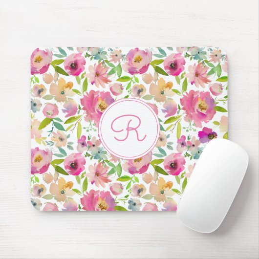 Mit Monogramm Floral Boho Pastel Watercolor Mousepad (Mit Mouse)