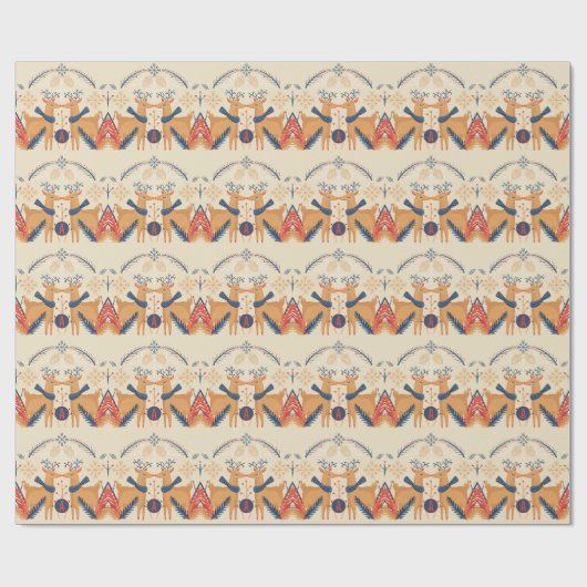 Mit Monogramm Folk Art Christmas Deer Trees Blue R Geschenkpapier (Flach)