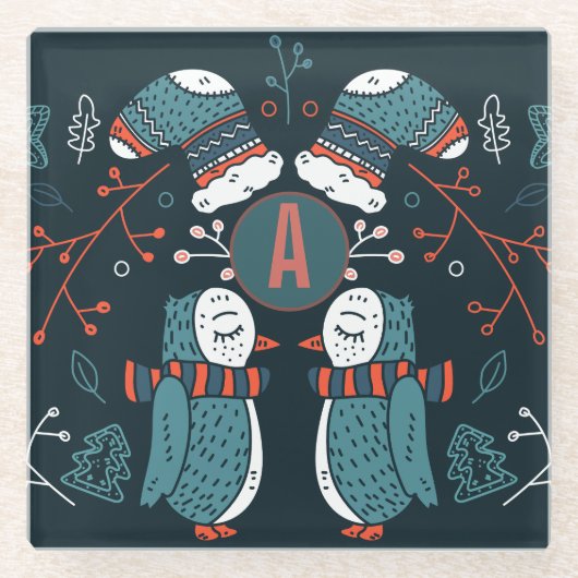 Mit Monogramm Folk Art Weihnachten Glasuntersetzer (Vorderseite)