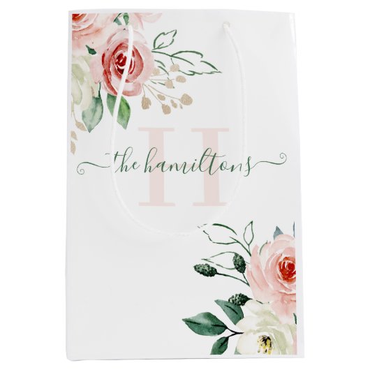 Mit Monogramm Foto Aquarellfarben Rosenstopfbeutel Mittlere Geschenktüte (Vorderseite)