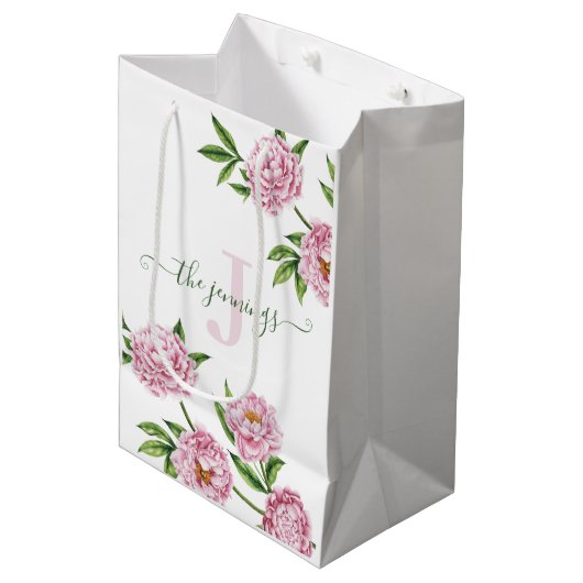 Mit Monogramm Foto Wasserfarbe Rosa Peony Geschenk Mittlere Geschenktüte (Vorderseite Schrägansicht)
