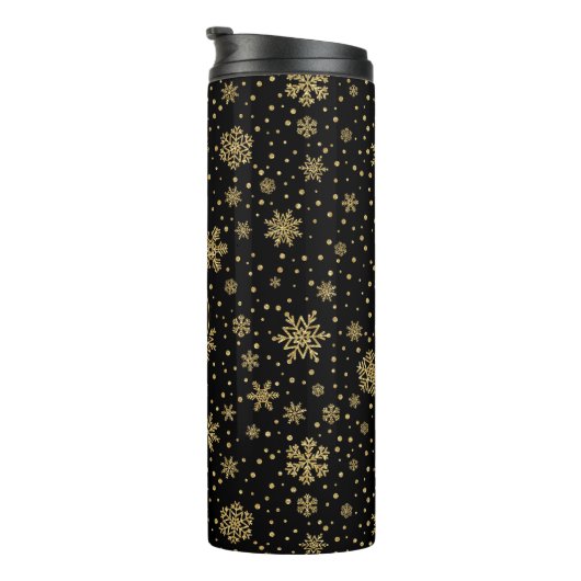 Mit Monogramm frohe Weihnachten Goldene Schneefloc Thermosbecher (Nach rechts gedreht)