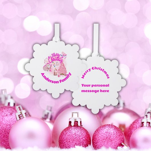 Mit Monogramm frohe Weihnachten in Rosa | Schneefl Ornament Karte