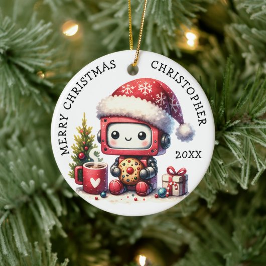 Mit Monogramm Frohe Weihnachten Niedlicher Roboter Keramik Ornament (Baum)