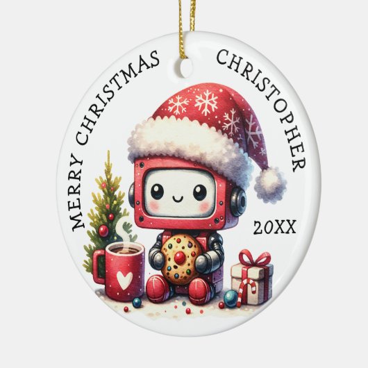 Mit Monogramm Frohe Weihnachten Niedlicher Roboter Keramik Ornament (Links)