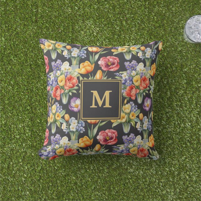 Mit Monogramm Garten mit bunten Frühlingsblumen Kissen (Golfball-Marker)