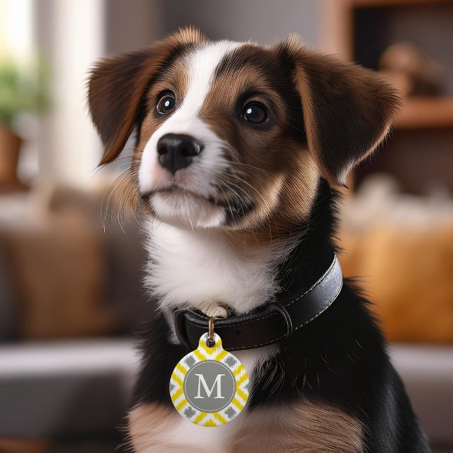 Mit Monogramm-Gelb- und Grau-Ikat-Diamantenmuster Tiermarke (Von Creator hochgeladen)