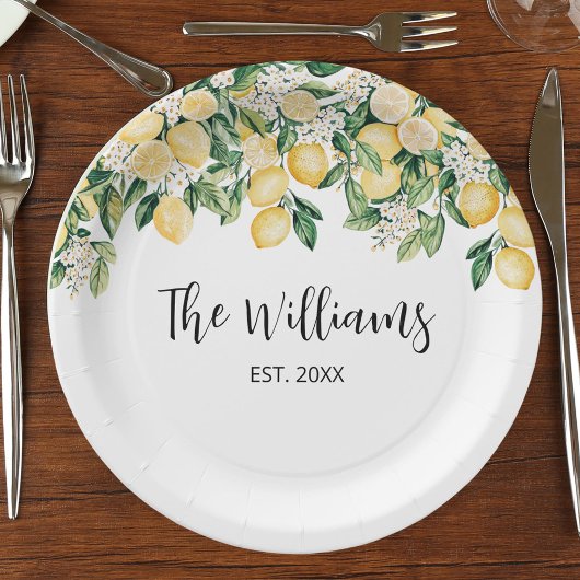 Mit Monogramm Gelber Zitronenbaum Pappteller