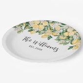 Mit Monogramm Gelber Zitronenbaum Pappteller (Schrägansicht)