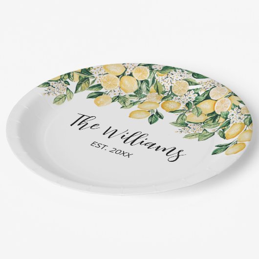 Mit Monogramm Gelber Zitronenbaum Pappteller (Schrägansicht)