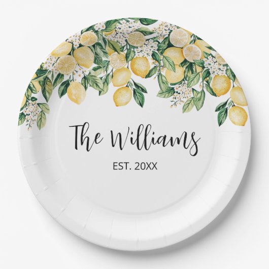 Mit Monogramm Gelber Zitronenbaum Pappteller (Vorderseite)