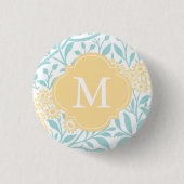 Mit Monogramm Gelbes Aqua-Floral Damask Muster Button (Vorderseite)