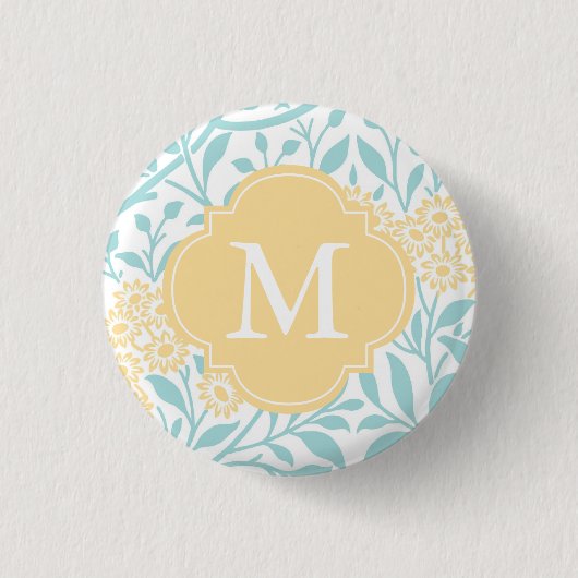 Mit Monogramm Gelbes Aqua-Floral Damask Muster Button (Vorderseite)