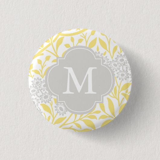 Mit Monogramm gelbes graues Blumenmuster Button (Vorderseite)