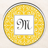 Mit Monogramm gelbes Schwarz-weißes Wirbels-Muster Runder Pappuntersetzer (Vorderseite)