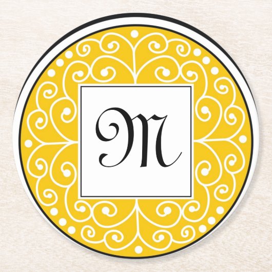 Mit Monogramm gelbes Schwarz-weißes Wirbels-Muster Runder Pappuntersetzer (Vorderseite)