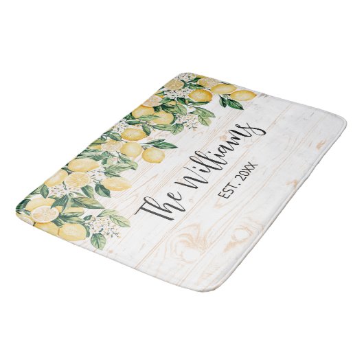 Mit Monogramm Gelbes Zitronenbaum Weißes Holz Badematte (Schrägansicht)