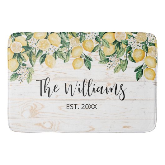 Mit Monogramm Gelbes Zitronenbaum Weißes Holz Badematte (Vorderseite)