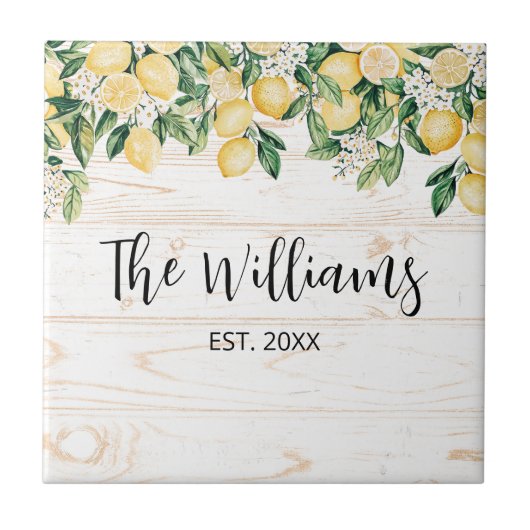 Mit Monogramm Gelbes Zitronenbaum Weißes Holz Fliese (Vorderseite)