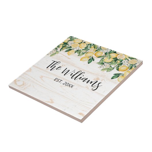 Mit Monogramm Gelbes Zitronenbaum Weißes Holz Fliese (Seite)