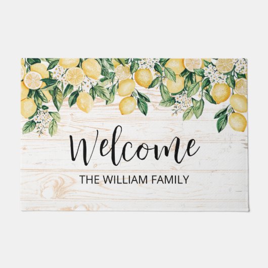 Mit Monogramm Gelbes Zitronenbaum Weißes Holz Fußmatte (Vorderseite)