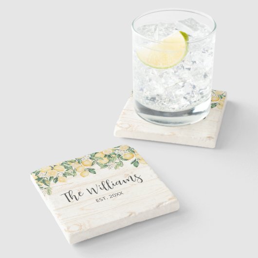 Mit Monogramm Gelbes Zitronenbaum Weißes Holz Steinuntersetzer (Seitenansicht)