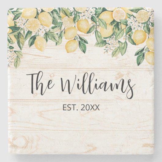 Mit Monogramm Gelbes Zitronenbaum Weißes Holz Steinuntersetzer (Vorderseite)