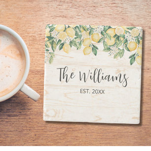 Mit Monogramm Gelbes Zitronenbaum Weißes Holz Steinuntersetzer