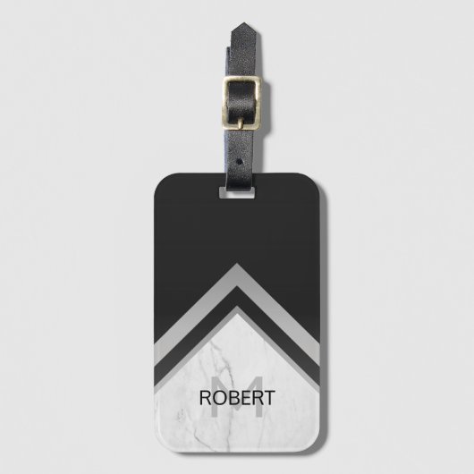Mit Monogramm geometrischer Zickzack schwarzer Sil Gepäckanhänger (Vorderseite Vertikal)