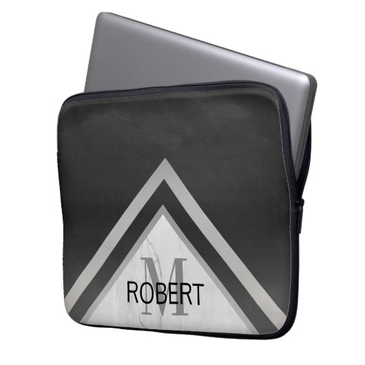 Mit Monogramm geometrischer Zickzack schwarzer Sil Laptopschutzhülle (Vorderseite Links)